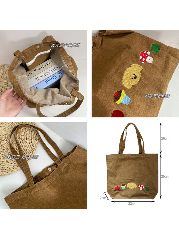 韓国風ウォッシュデニムショルダーバッグカジュアルかわいい刺繍子犬トートバッグ大容量学生レトロ通勤バッグ|undefined