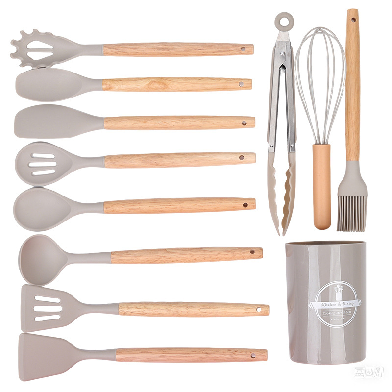 Cocina de cocina transfronteriza de silicona con mango de madera 12 piezas para cocinar cocina antiadherente olla de silicona cuchara colador pala nuevo