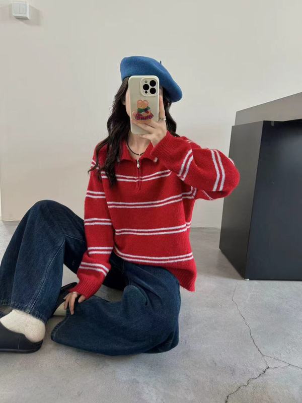 韩系polo领条纹套头毛衣女秋冬宽松翻领半拉链软糯减龄针织衫上衣|undefined