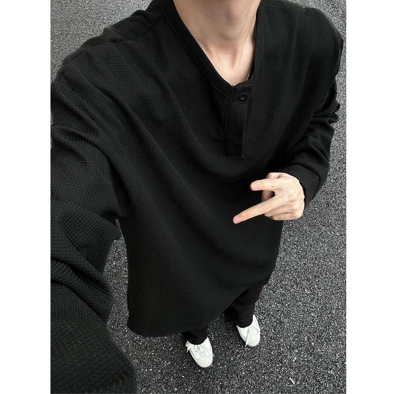 亨利领打底衫重磅长袖t恤男春秋美式街头潮牌高级感宽松内搭上衣|undefined