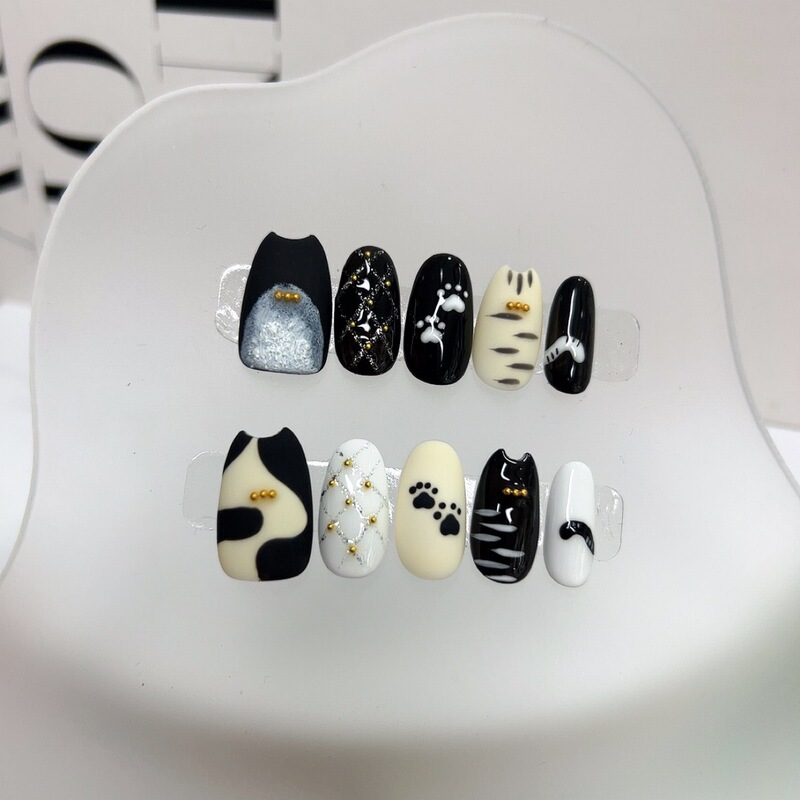 【Cow Cat】Handmade Cartoon Kitten Paw Little Wildcat Series Wearable Nail Decoration Accessories Super Cute and Adorable