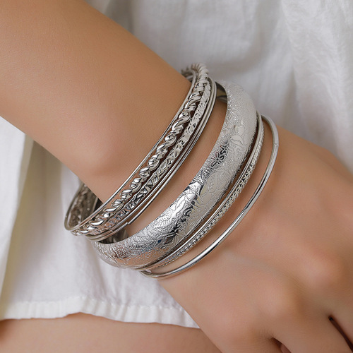 Geometric Metal Bracelet Set for Women - Bohemian Retro Style, 10 Pieces per Set