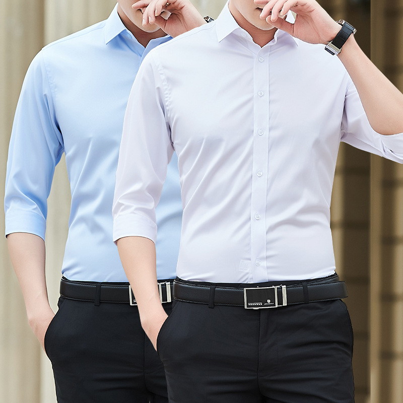Popular men's three-quarter sleeve shirt stretch slim shirt business casual solid color shirt