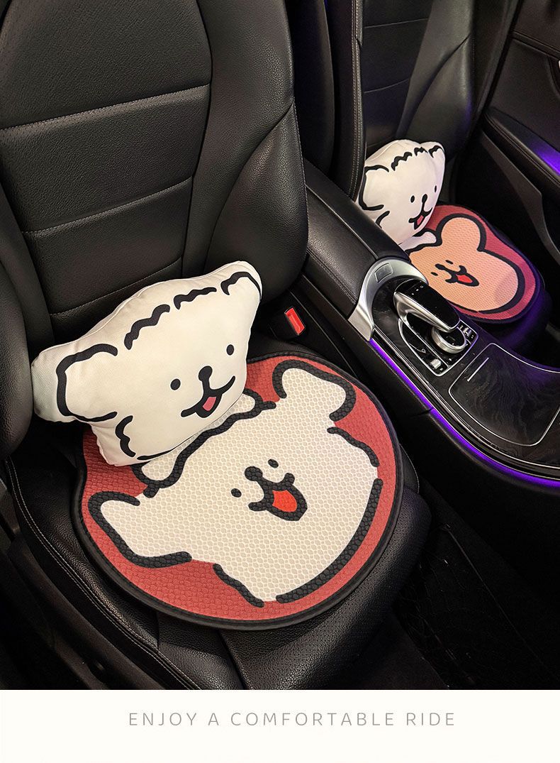 Car Seat Cushion for All Seasons, Cartoon Cute Half-Pack Black and White Line Puppy, Ice Silk Car Cushion for All Seasons