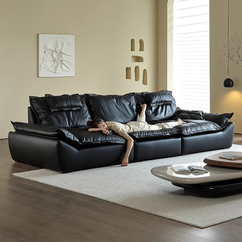 Sofá de cuero de vela con respaldo removible sofá de asiento profundo italiano minimalista sofá de pluma de sala de estar sofá recto