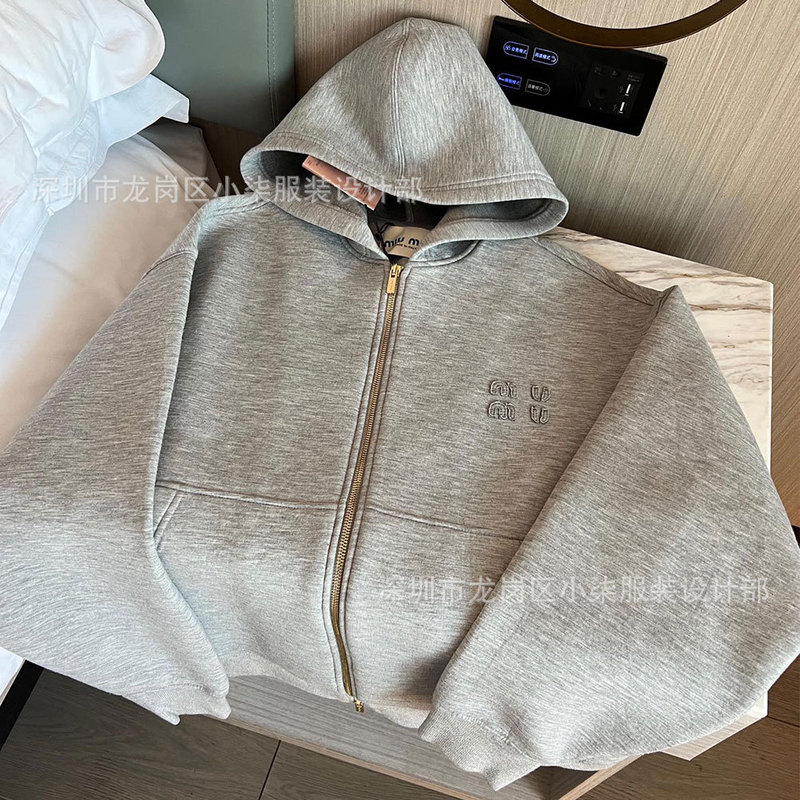 In-Stock High-Quality Version Autumn/Winter M1U Brand Gray Patch Letter Space Cotton Hooded Sweatshirt Loose Casual Women's Jacket