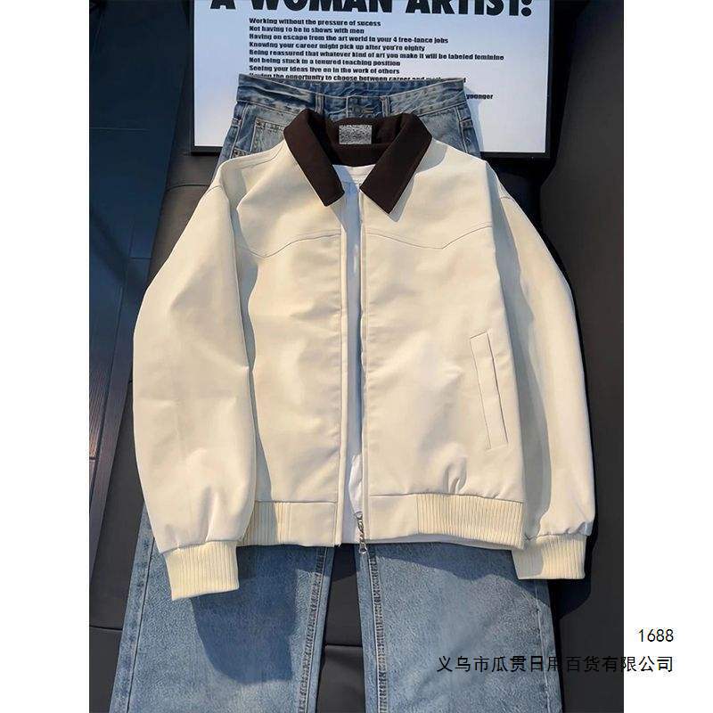 Cleanfit Off-White Barn Style Short Jacket for Men, Spring American Style PU Leather Turn-Down Collar Detroit Work Jacket
