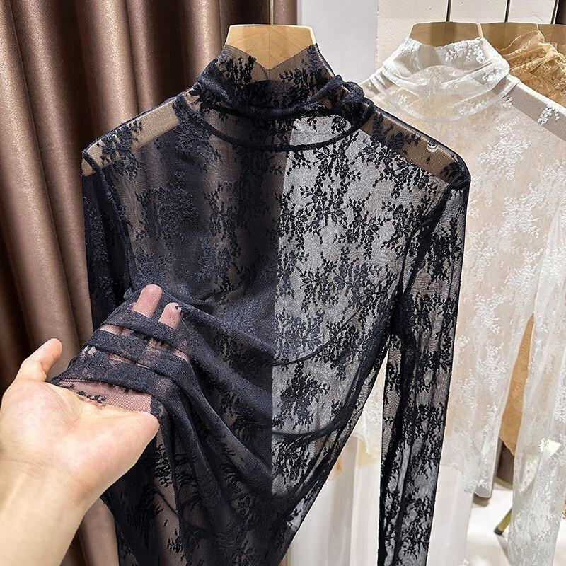 High-Neck Lace Base Shirt for Women, New Autumn Style with Ruffled Edges, Layered with a Transparent Sheer Top High-Neck Lace Base Shirt for Women, New Autumn Style with Ruffled Edges, Layered with a Transparent Sheer Top