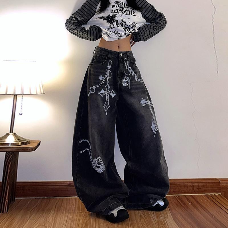 American Retro Chain Cross Print Washed Jeans for Men and Women Niche Wide-Leg Pants Slimming Pants