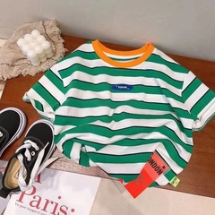 韓國童裝2023兒童夏條紋短袖韓版男女童T恤寶寶半袖棉上衣中小童