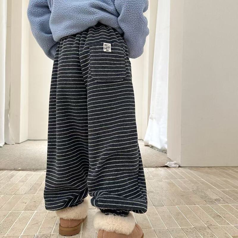 Girls' Winter Fleece-Lined Pants, Integrated Fleece Casual Sports Trousers, 2025 Winter New Stylish Striped Pants