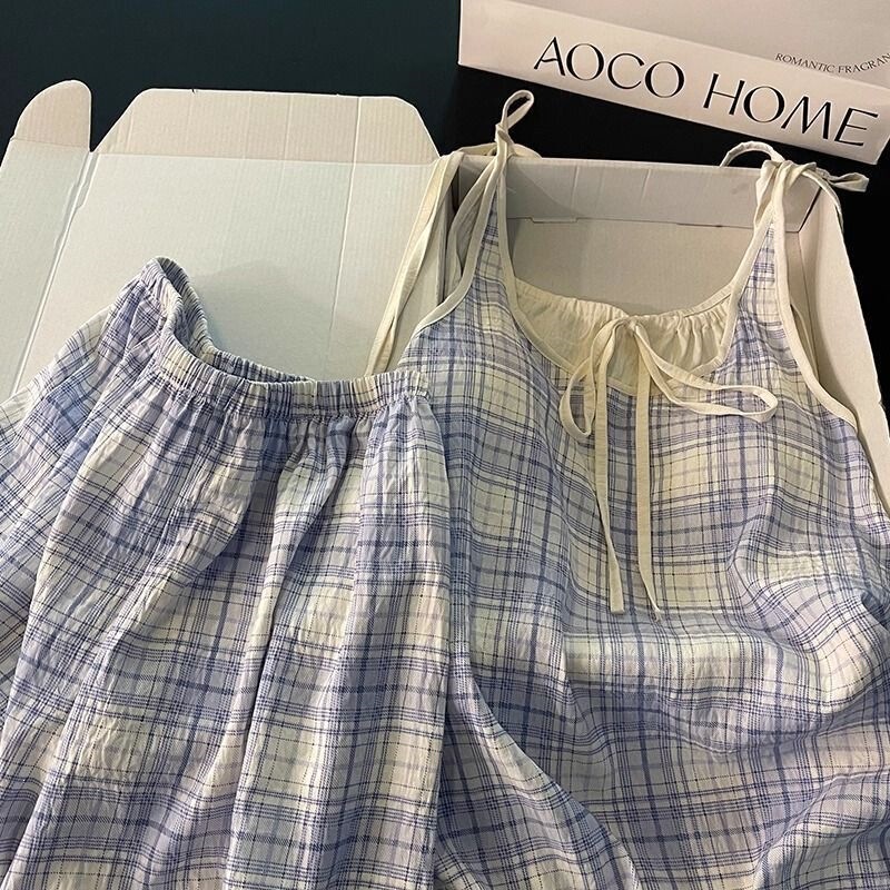 Plaid Suspender Pajamas for Women, Summer Style with Integrated Chest Pads, Cloud Cotton Tie-Up Shorts, Home Wear Set
