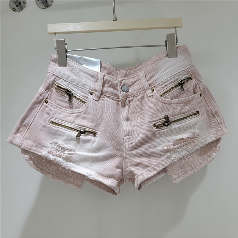 Shorts de Mezclilla con Encaje Empalmado y Cintura Baja con Bolsillos para Verano