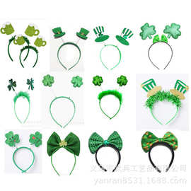 新款爱尔兰节蝴蝶结头箍圣帕特里克节绿色小帽子发箍三叶草项链