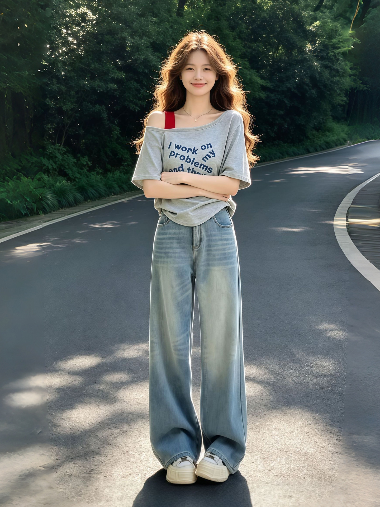 Áo thun nữ tay ngắn cổ tròn phối hai lớp vai trần phong cách vintage — màu xám chi tiết 1