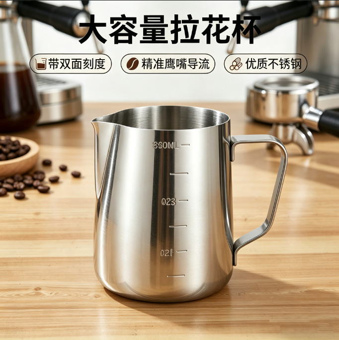 Stainless steel spout latte art pitcher, barista-specific latte art pot with scale, suitable for home and commercial use, a magical tool for frothing milk and creating latte art