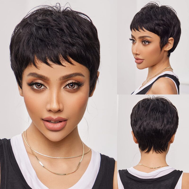 Cross-Border European and American Wigs for Women, Short Black Pixie Wigs, Short Wigs for Middle-Aged and Elderly Women, Slightly Curly Full Head Wigs