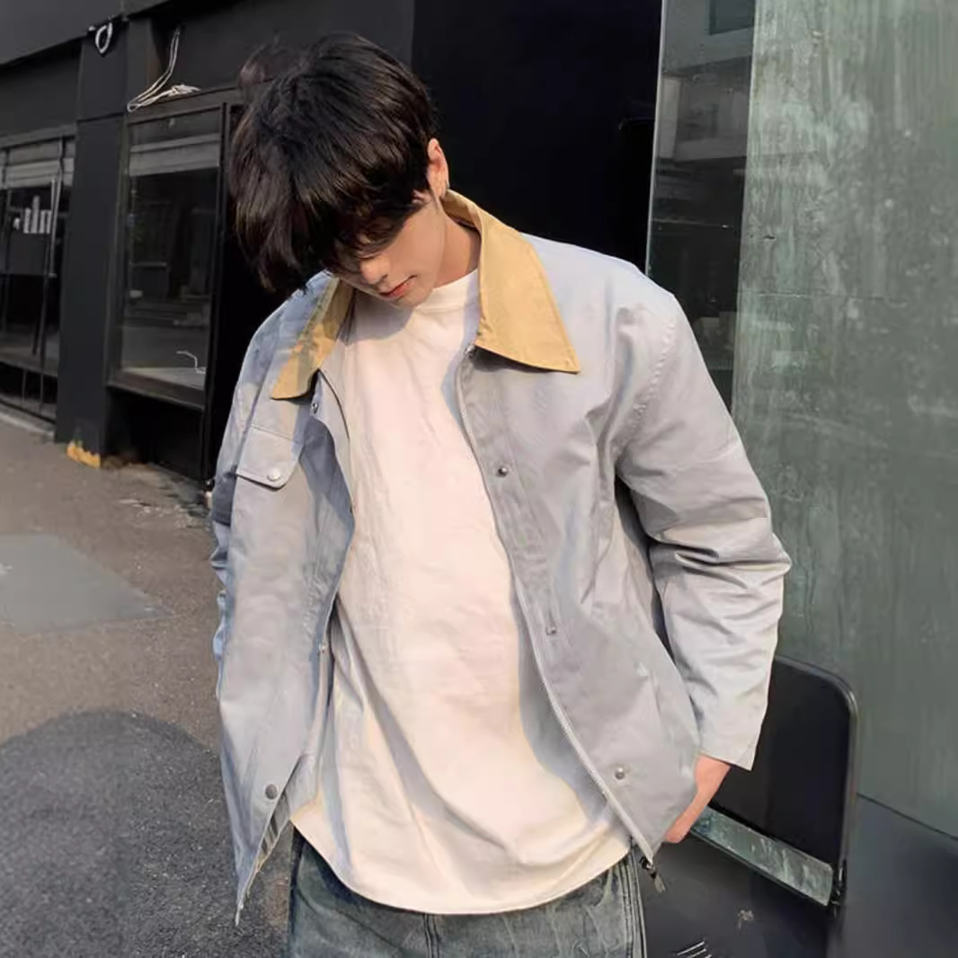 Retro blue lapel jacket for men's spring and autumn new trend workwear, high-end three-dimensional silhouette jacket_voghion.com