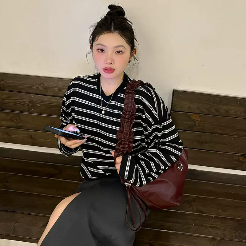 2025春季新品条纹透气纯棉长袖T恤精纺落肩袖短款女休闲宽松上衣