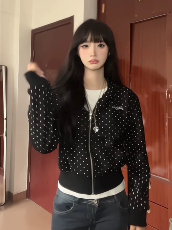 美式辣妹风波点满印连帽短款卫衣女秋季2025新款休闲百搭开衫外套|undefined