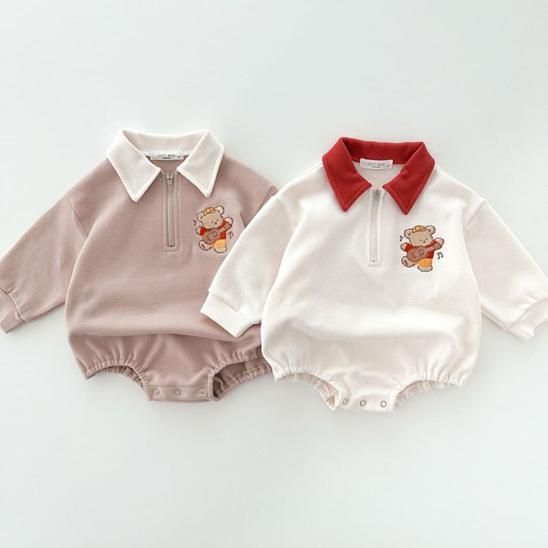 Ropa Infantil de Otoño Estilo Coreano, Mono de Manga Larga con Bordado de Oso y Solapa de Algodón para Niños y Niñas