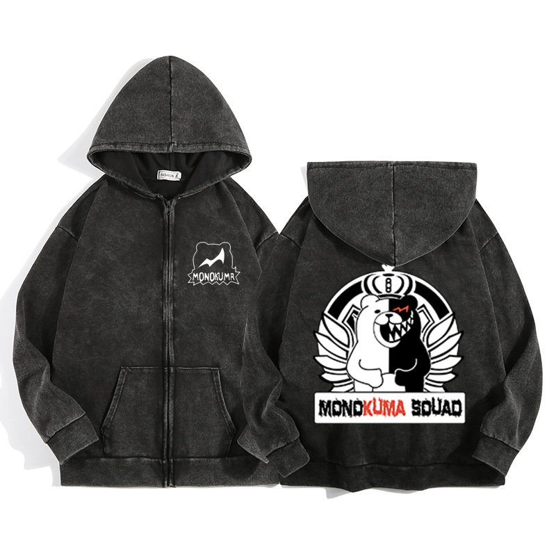 Bullet Theory black and white bear cartoon bullet wheel dance male and female students can wear zipper sweater washed American style new Bullet Theory black and white bear cartoon bullet wheel dance male and female students can wear zipper sweater washed American style new