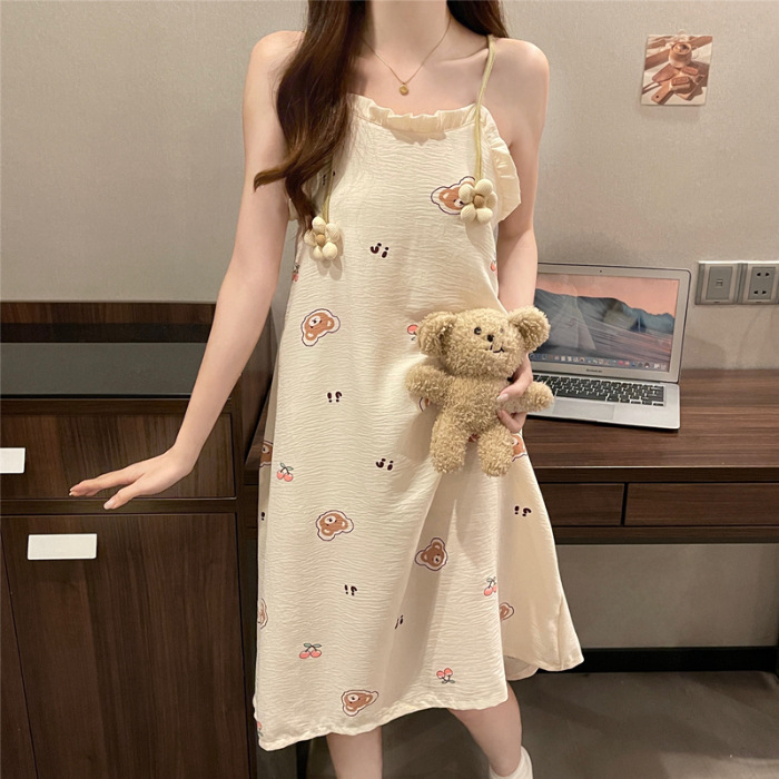 Pijama de mujer de verano dulce chaleco de cinturón de pecho tejido de algodón espuma tela arrugada pijama de mujer de verano vestido lindo