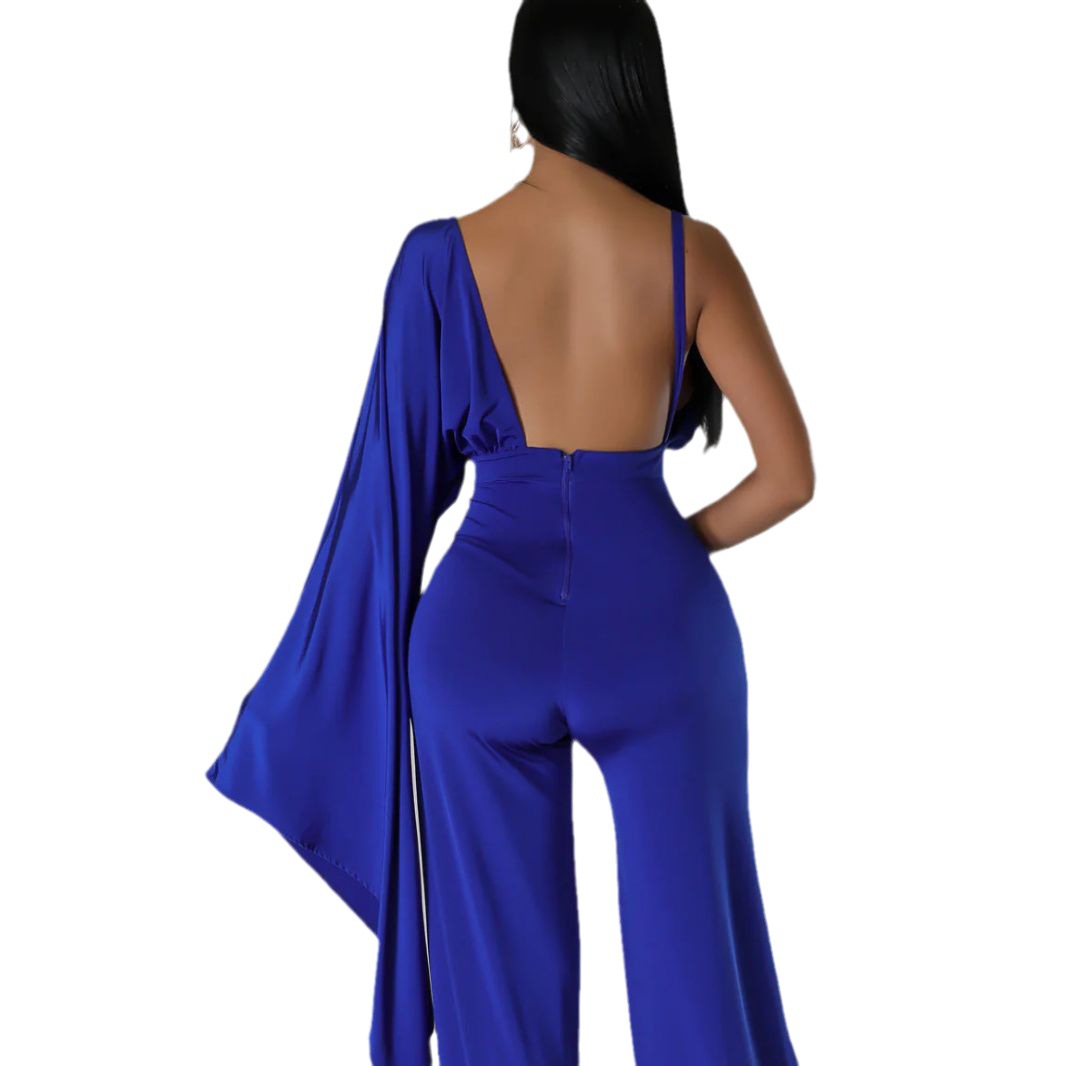 HX0354 transfronteriza de comercio exterior de las mujeres sexy cuello en V sin espalda unilateral campana manga alta cintura recta mono de color sólido