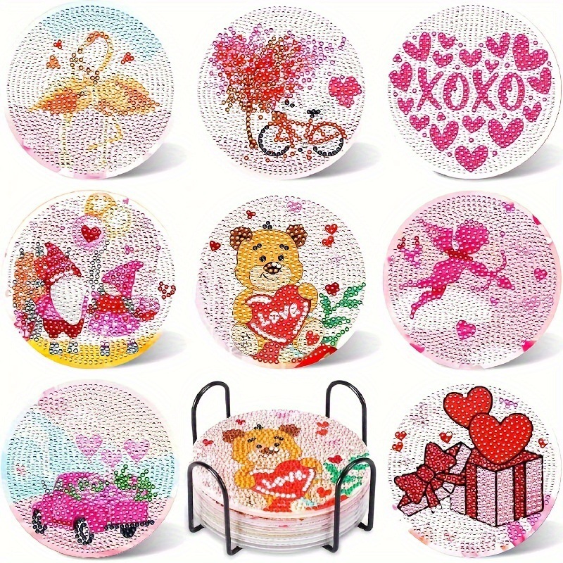 Ventas transfronterizas calientes de 8 piezas de conjunto de cojín de taza de arte de diamante, con soporte, pequeño conjunto de pintura de diamante, adecuado para adultos