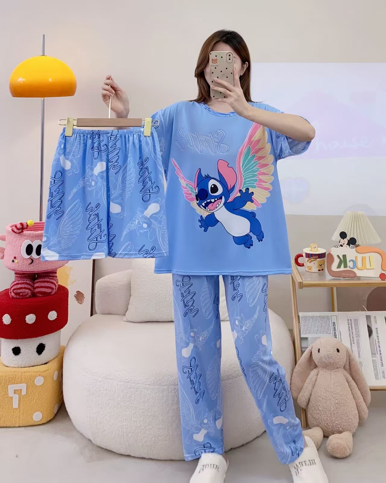 Pijamas de verano transfronterizos pijamas de leche de seda de tres piezas set de dibujos animados comercio exterior ropa para el hogar pantalones de mangas cortas lindos