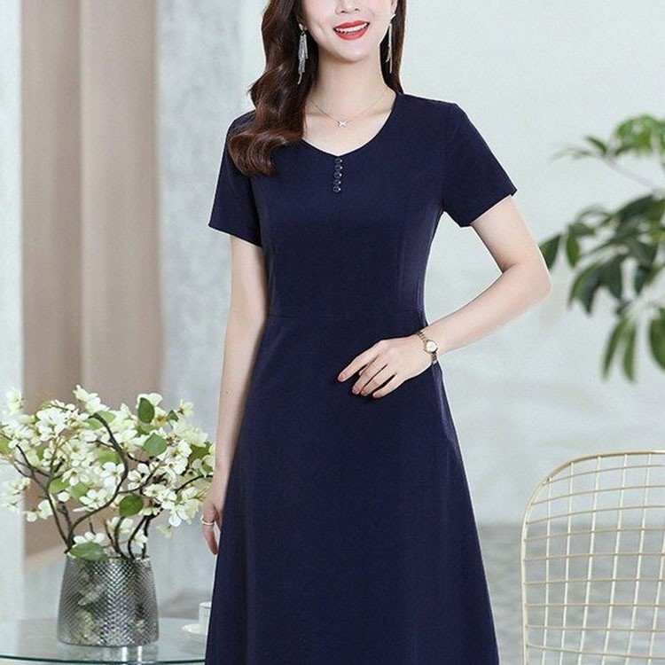 Solid Color dress Summer Dress 2025 New Women's Fashionable Slim-fit Age-reducing Small Mother Dress plus size A- line Skirt