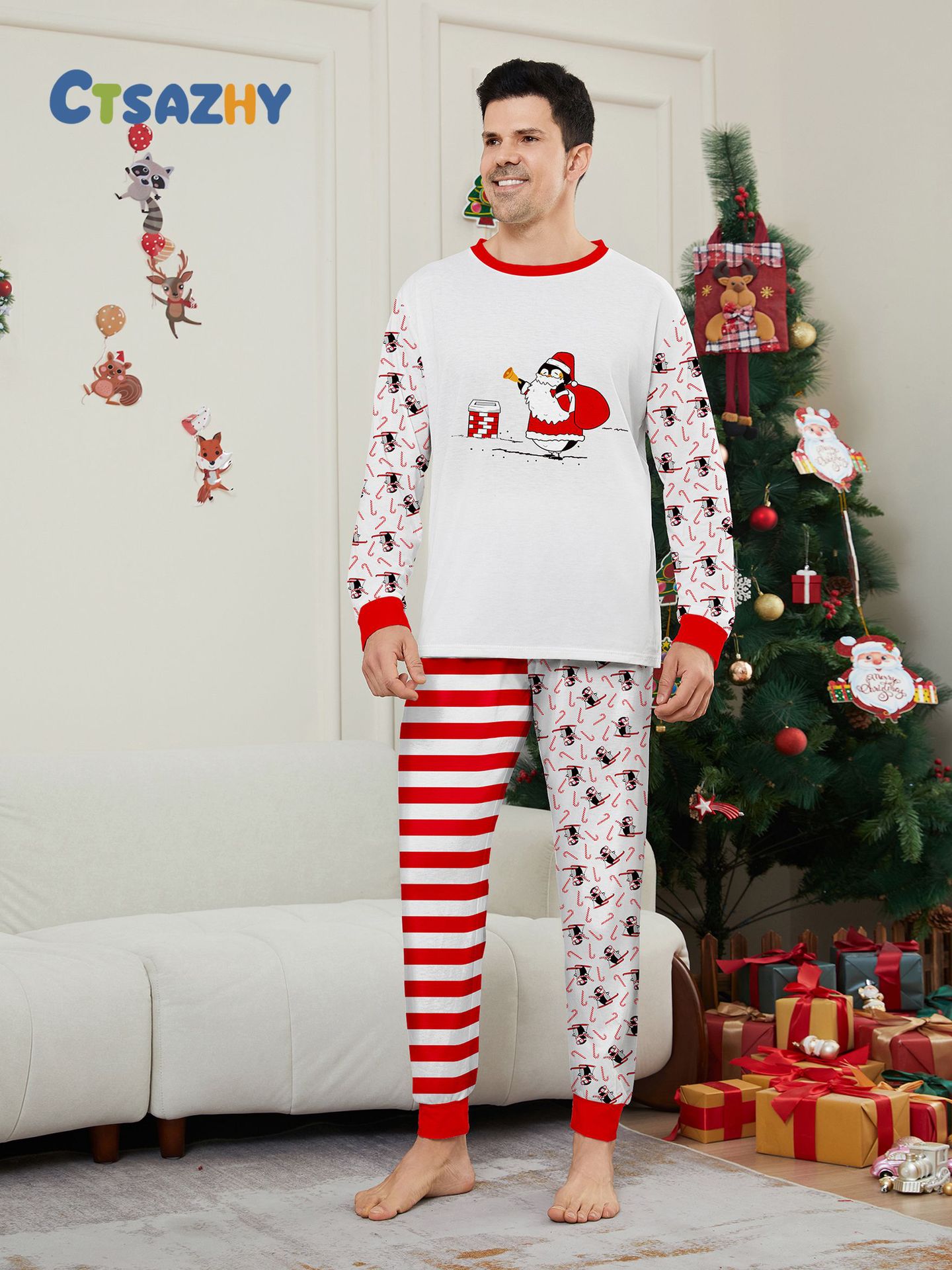 Kerst Pinguïn Candy Cane gestreepte Kerst Familie pak bedrukte homewear pyjama_voghion.com