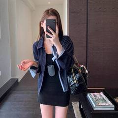 酷帅时髦品质复古蓝慵懒显瘦拼接衬衫女牛仔外套2025早秋新