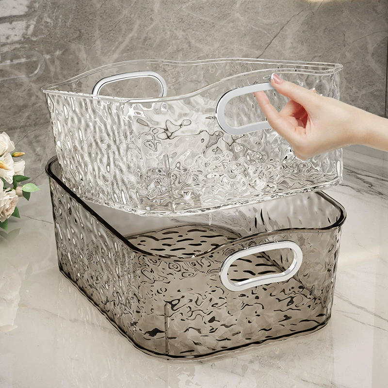 Vanity Storage Basket, Handled Clear or Black-Tea Plastic, Small and Large Sizes