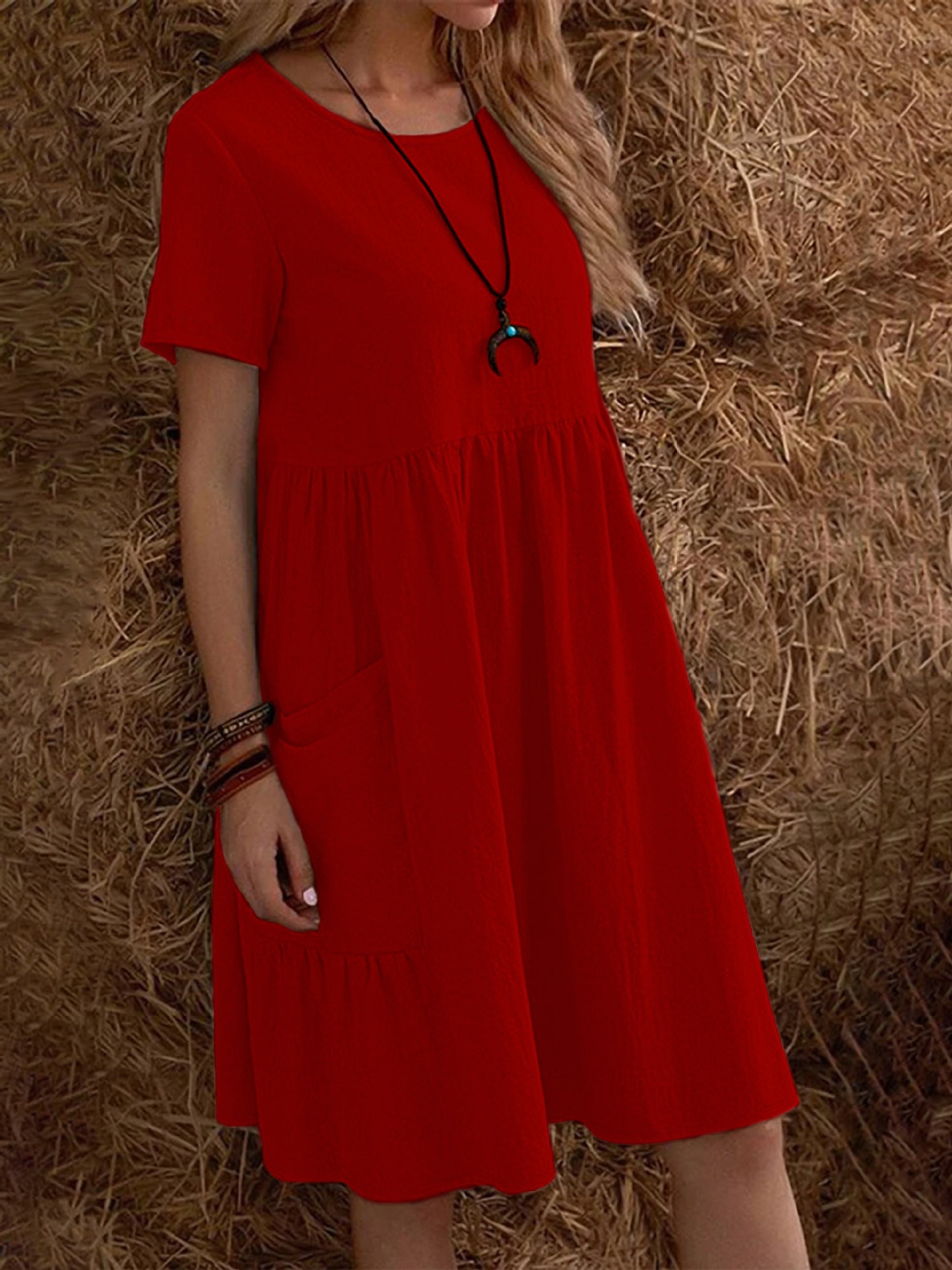 Women's Casual Short Sleeve A-Line Dress With Pockets, Solid Color Round Neck T-Shirt Dress For Everyday Wear_ecoleips.com