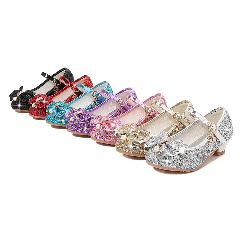Zapatos de cuero para niñas de tacón alto 2023 primavera rhinestone arco pequeña princesa modelo Crystal zapatos individuales zapatos de lentejuelas para niños para mujeres