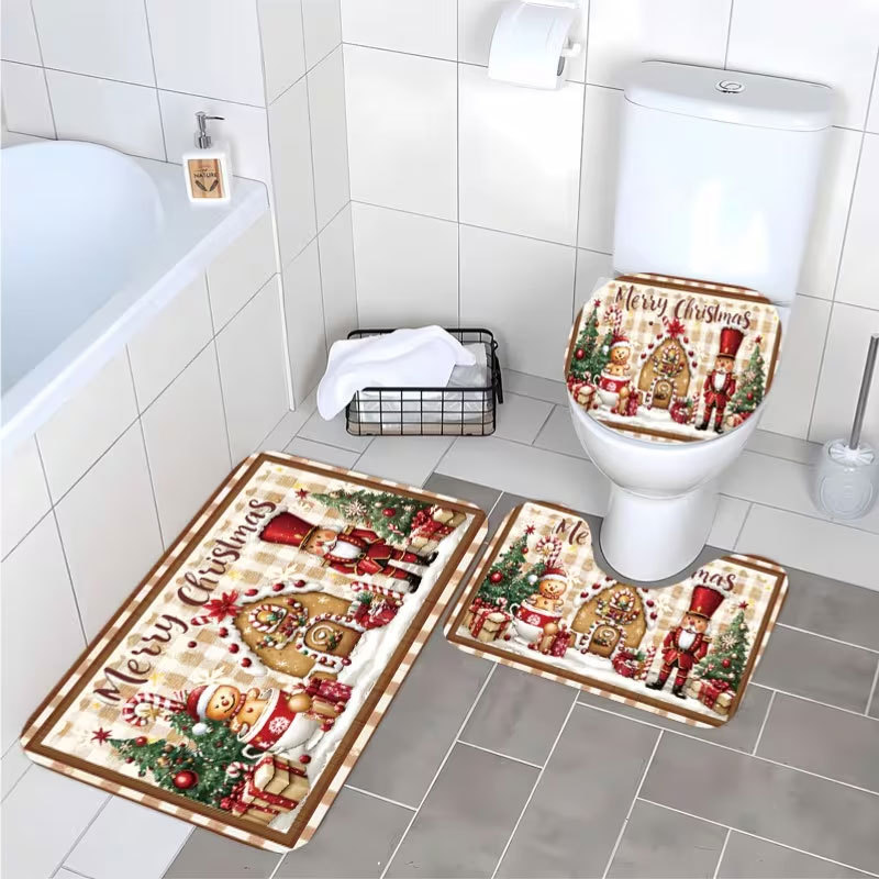 Cross-border diatomite toilet seat cover and floor mat 3-piece set, water-absorbent, dirt-resistant, non-slip floor mat, Christmas holiday floor mat