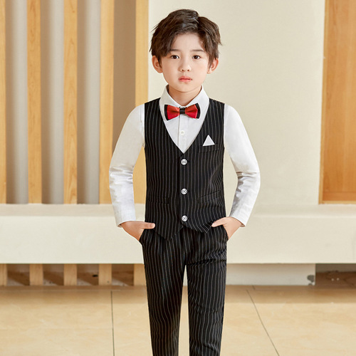 Spring Children's Costume for Boys Gentleman Suit Children Baby Birthday Performance Dress Vest and Trousers Striped Set White Collared Shirt