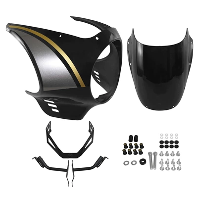 Motorcycle front windshield 22-25 Modified Pig Head - black-yellow-striped-large-lampshade-smoked-black-windshield