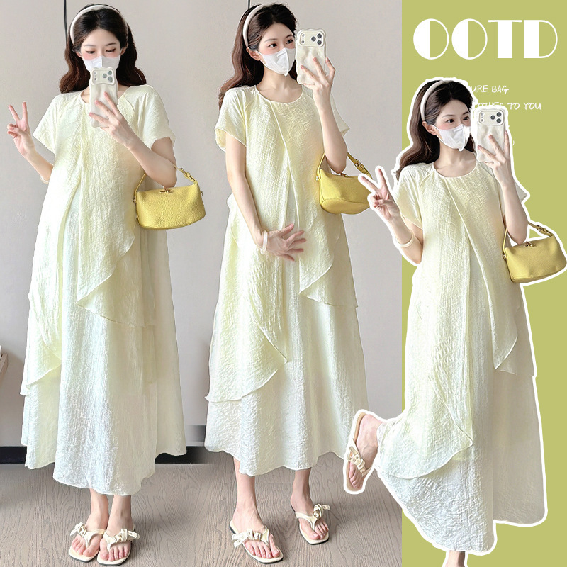 Maternity Wear 2026 Summer New Style French Round Neck Lyocell Tencel Ruffled Slimming Look Maternity Dress Maternity Wear 2026 Summer New Style French Round Neck Lyocell Tencel Ruffled Slimming Look Maternity Dress