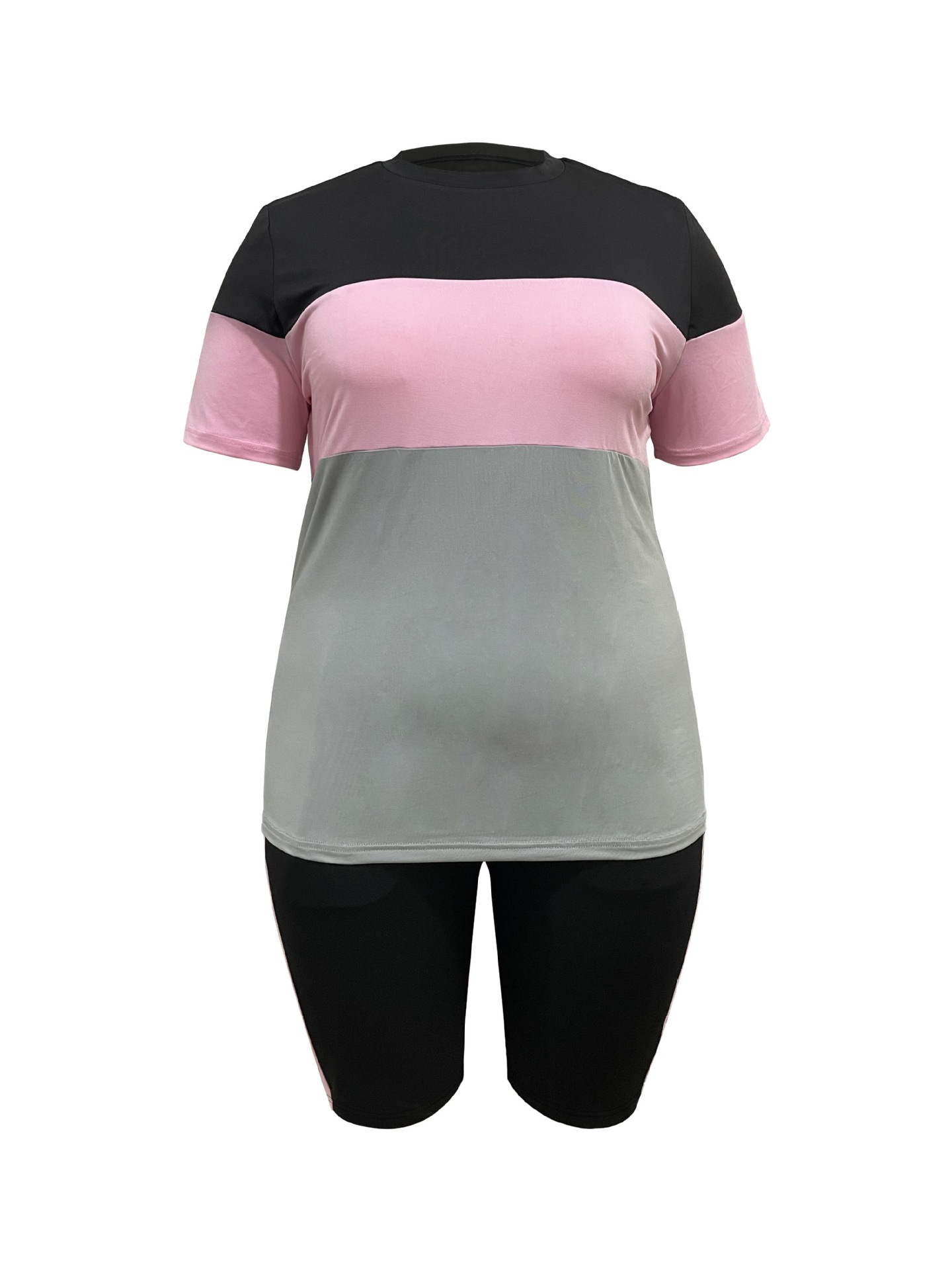 Women’s Colour Block Crew Neck Summer T-shirt And Shorts Set_voghion.com
