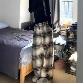 美式复古高街毛呢格子裤子女夏季设计感小众直筒休闲阔腿裤春秋冬