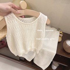 Internet celebrity children's clothing girls thin style knitted suit 2024 summer female treasure hollow vest wide leg pants two-piece trendy set