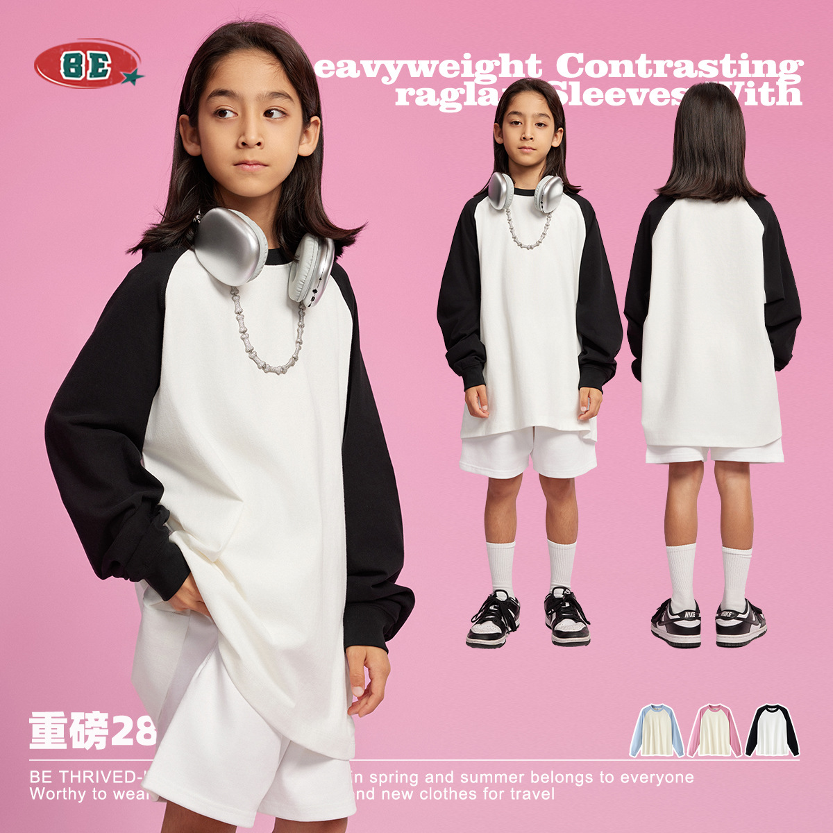 Ropa infantil BE | Camiseta de Manga Larga para Niños, Color Block, Estilo Raglán, Algodón Puro, Primavera-Otoño 2025, Marca Americana Retro de Moda, Holgada image 6
