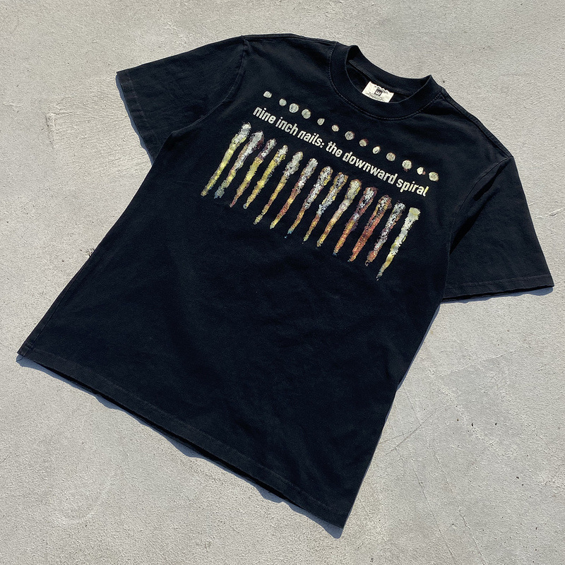 Nin 9inch Nail Band Retro Distressed Washed Graffiti Printed Short-Sleeved High Street American Casual Loose Couple T-Shirt