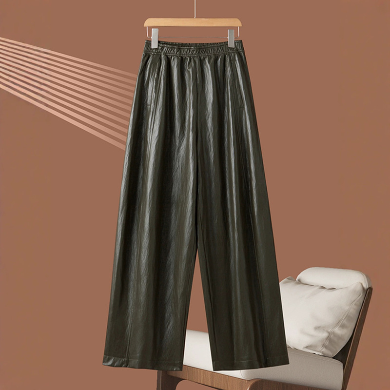 Shenzhen Nanyou High-End Stretch Leather Pants for Women 2026 New Style Elastic Waist Fashion Versatile Loose Fit Curved Pants Shenzhen Nanyou High-End Stretch Leather Pants for Women 2026 New Style Elastic Waist Fashion Versatile Loose Fit Curved Pants