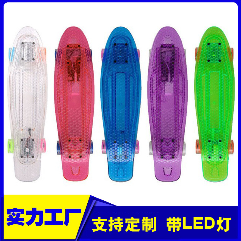 Cross-Border Exclusive Supply 22inch Small Fish Board Led Flashing Transparent Plastic Single Kick Skateboard Four-Wheel Skateboard