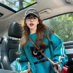 ins韩系卡通印花薄款卫衣女2025超火复古蓝减龄宽松洋气显瘦上衣