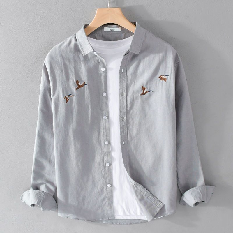 2024 Summer New Bird Embroidered Long Sleeve Shirt Men's Japanese Style Loose Casual Trendy Easiest for Match Shirt Jacket