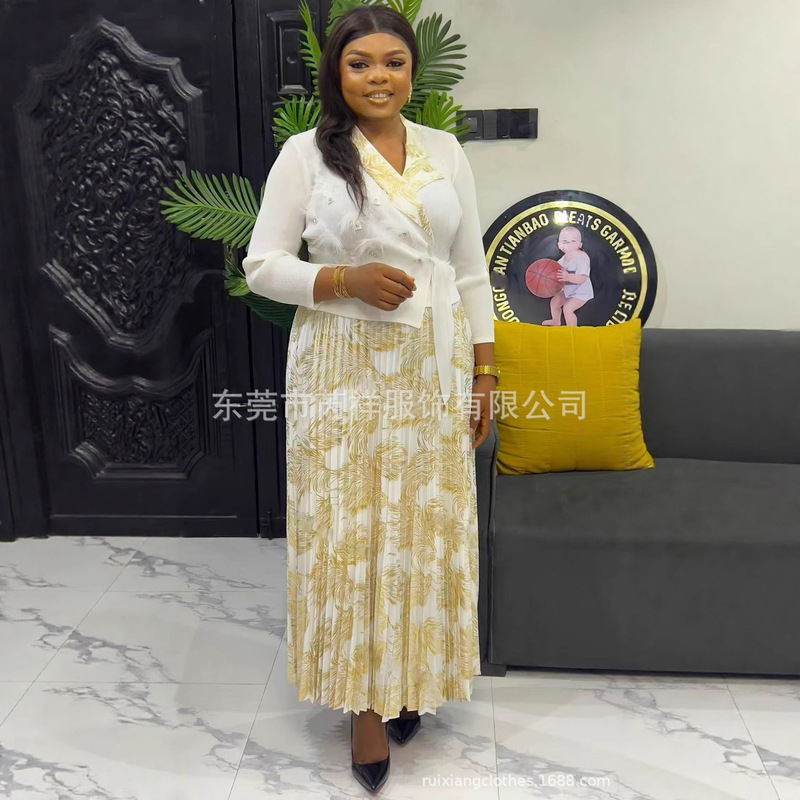 Miyaki Miyake Pleated Cross-Border Wholesale New Hot Stamping Feather Custom Lace-Up Elegant Plus Size Women's Dress Miyaki Miyake Pleated Cross-Border Wholesale New Hot Stamping Feather Custom Lace-Up Elegant Plus Size Women's Dress